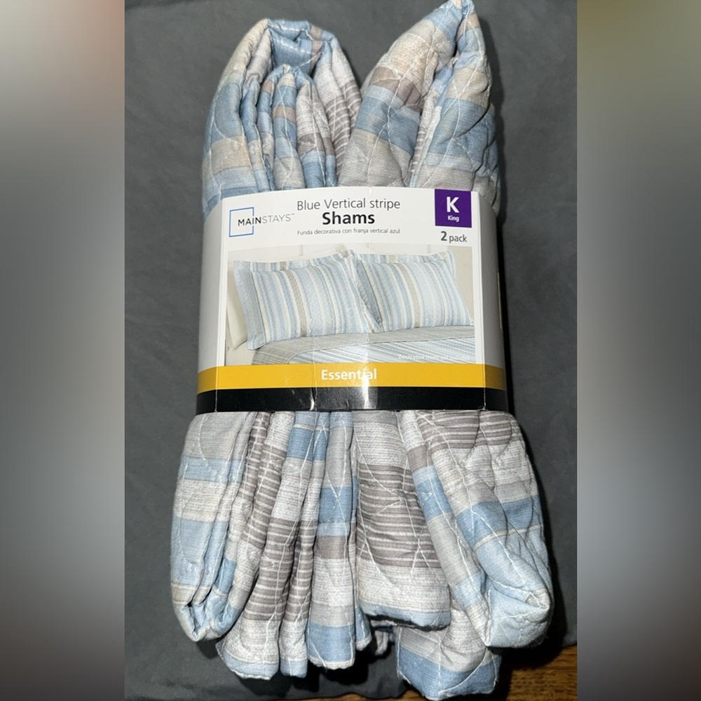Mainstays King Quilted Shams Set of 2 Blue Stripe NIP